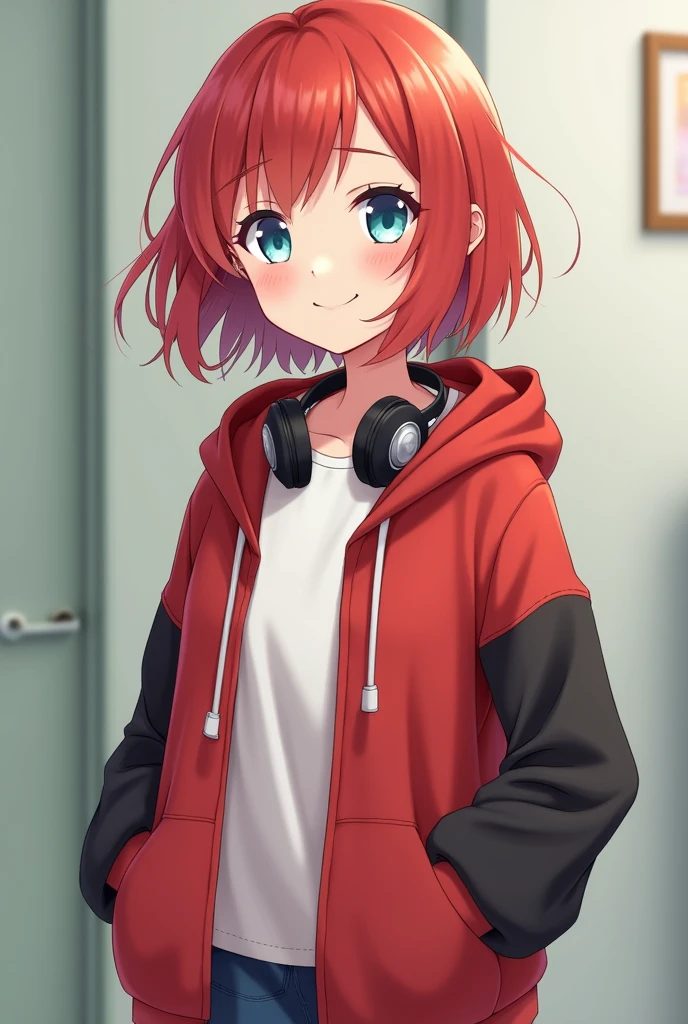Red-brown hair。Her short hair with outward curls is bouncing.。Smiling with droopy blue eyes。Wearing an oversized hoodie and headphones。The background is simple。The hoodie is mainly red with black on the arms and hood.。The parka is a jacket type.、Open。A simple, blank, greyish greenTWearing a shirt。Anime style with a gentle touch。