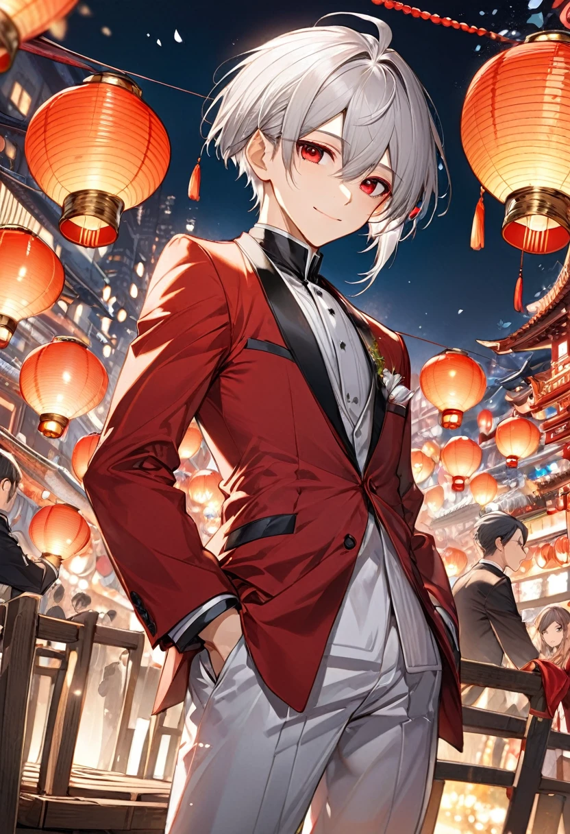 (lantern festival style) (preparing lantern festival), (solo:2, 16 yo), (beautiful detailed crew cut) (beautiful detailed silver hair very short hair) (tough divine fighter boy) (beautiful detailed red eyes) (soft smile, closed mouth), (in a butler suit), break, (in the lantern festival venue, put on high rise scaffold), background many people), BREAK, perfect anatomy, masterpiece, best quality, 16k, beautiful detailed grow, daydreaming expression.