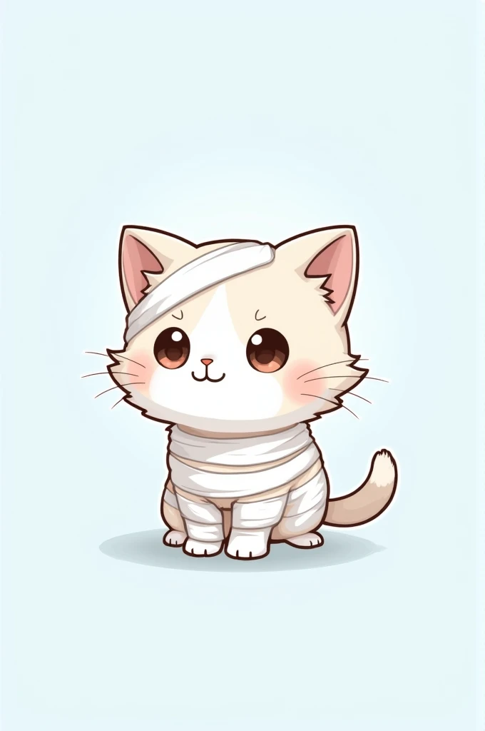 Draw a cute, chibi-style kitten similar to the style of Sanrio characters. The kitten should be wrapped in bandages resembling Osamu Dazai from Bungou Stray Dogs. The kitten has large, round eyes, soft, fluffy fur, and a small, sweet smile. The bandages should be mostly white, covering parts of its face, body, and paws, leaving the rest of its fur visible. The overall color theme should be pastel, with soft blues and light grays dominating the image. Make sure the kitten looks both adorable and slightly mischievous, with a gentle glow around it.
