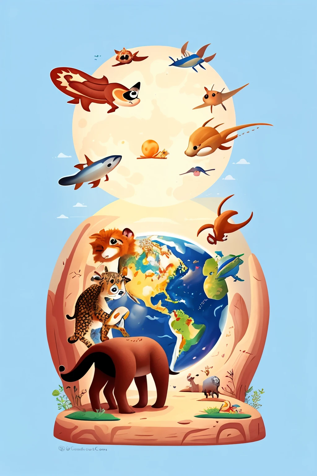 I want a cartoon,It is a planet surrounded by various small animals.