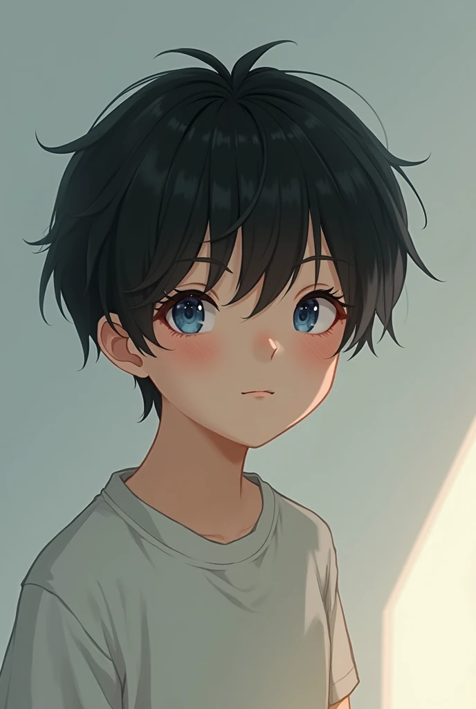 A soft age boy with blue eyes and moles and short straight black hair