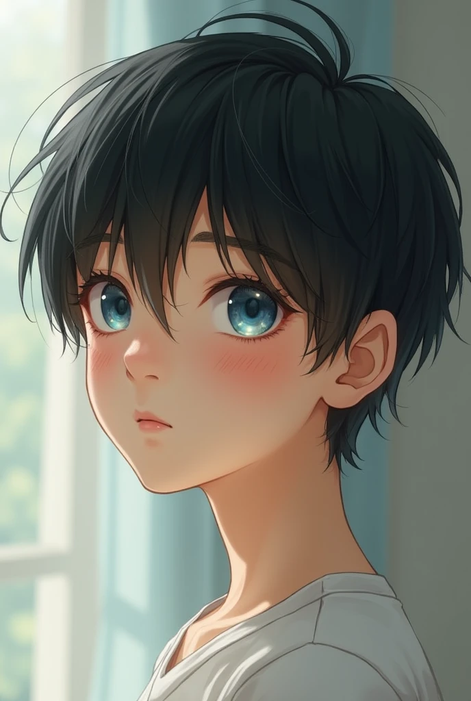 A soft teenage boy with blue eyes and moles and short straight black hair