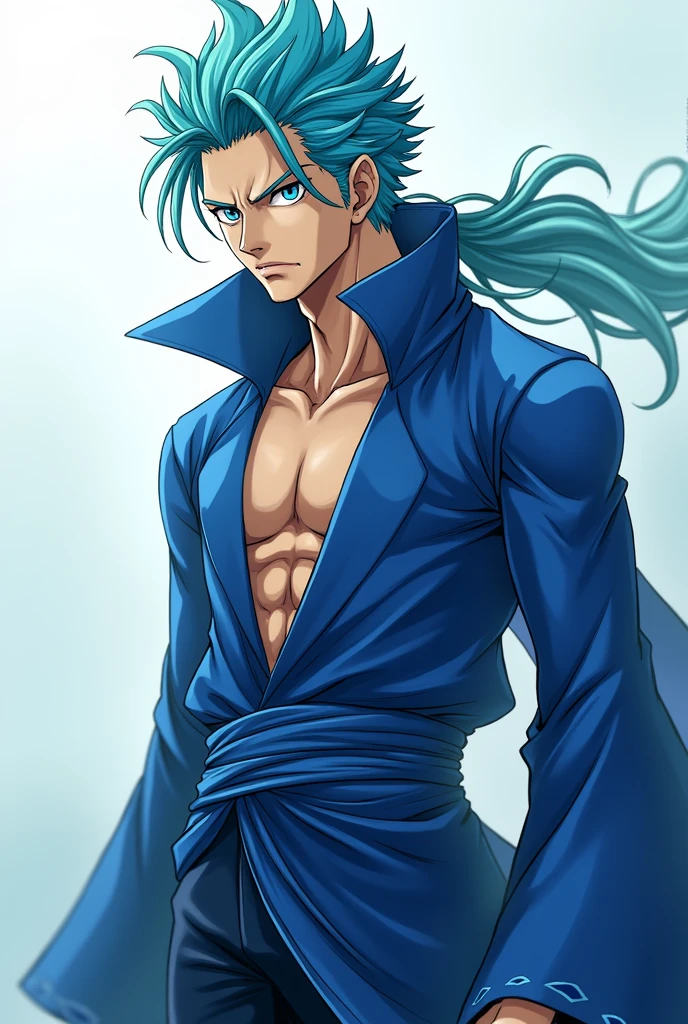 Character with Zoro's face, body mixed between Tokito and Zoro, hair mixed between Tokito and Zoro and with blue clothes and hair with blue details.