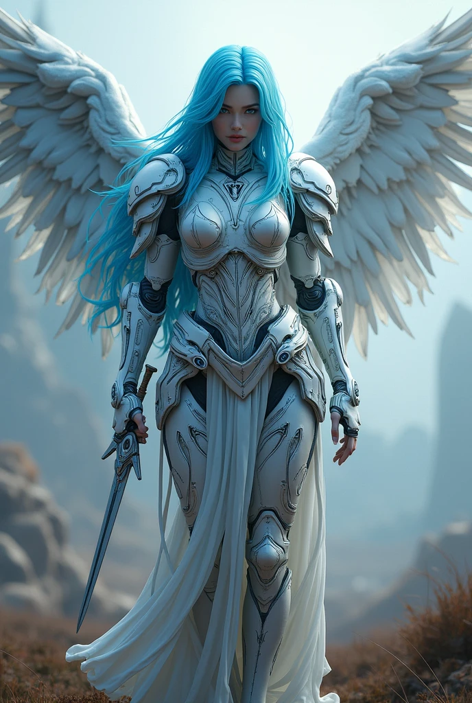 blue hear,ice archangel Raphael,war effect,REAL - style image of a woman with a sword in a field, cyberpunk art inspired by Leng Mei, cgsociety contest winner, fantasy art, beautiful cyborg angel girl, angel knight girl, as a mystical valkyrie, battle angel, angel in rope armor, mechanized valkyrie girl, unreal engine 4k wallpaper, wraith from apex legends, epic angel wings