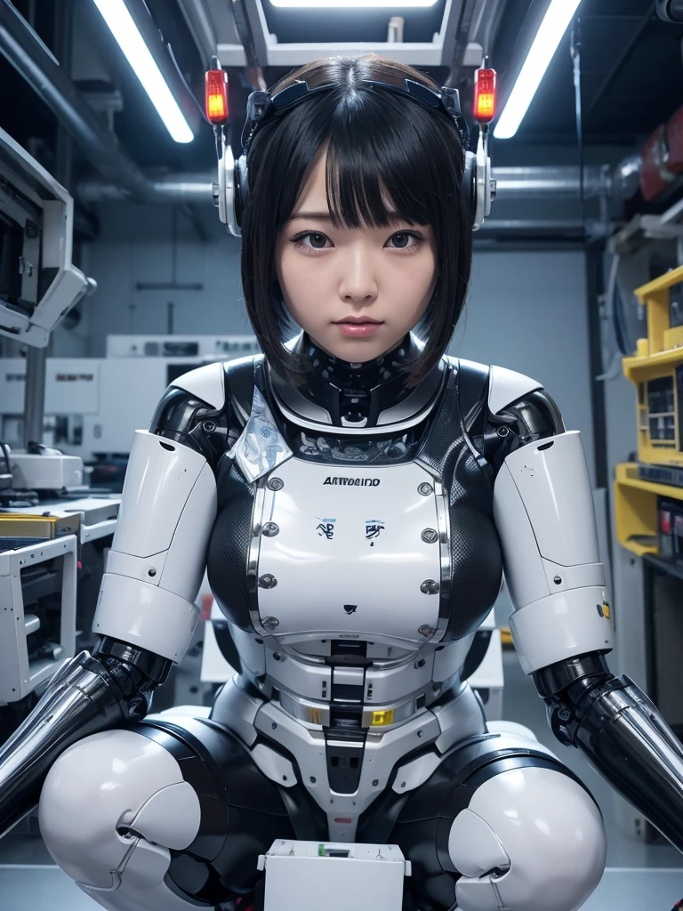 masterpiece, Highest quality, Very detailed, Japaese アンDroid girl,Portraiture,Plump,Thick,Control panel,アンDroid,Droid,Mechanical Hand, robotの腕と脚, Black Hair,Blunt bangs,perfect robot girl,Long tube,A thick cable was attached to her neck.,アンDroid,robot,humanoid,cyborg,japanese cyborg girl ,robot-assembly plant,She is now assembling,Assembly scene,Chubby,Squat