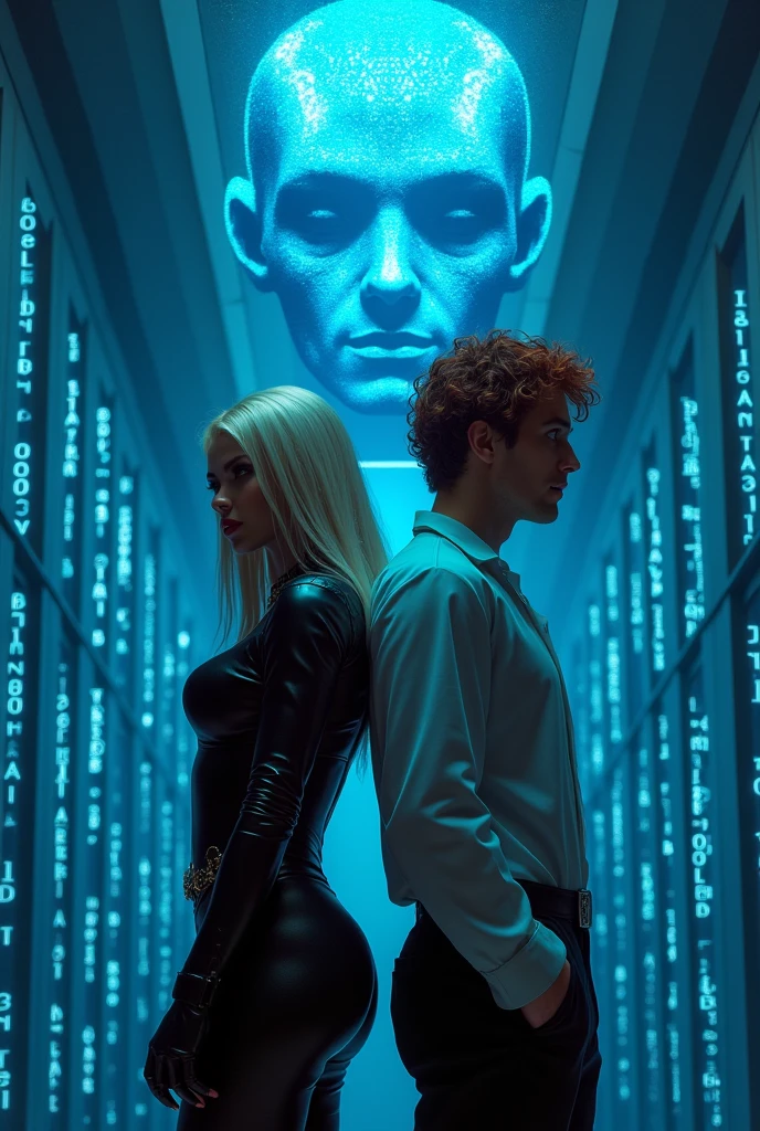 Creer une image de femme vampire en tenue pantalon cuir avec des rondeurs de ninja gothique au cheveux blonds et un jeune homme très beau et costaud de cheveux boucler couleur roux en tenue de scientifiques blanc ils ce met dos-à-dos et un gros image de visage projetée de robot cybernetique tout en bleue dessus d'eux la salle est pleine de code informatique qui volent tout en bleu