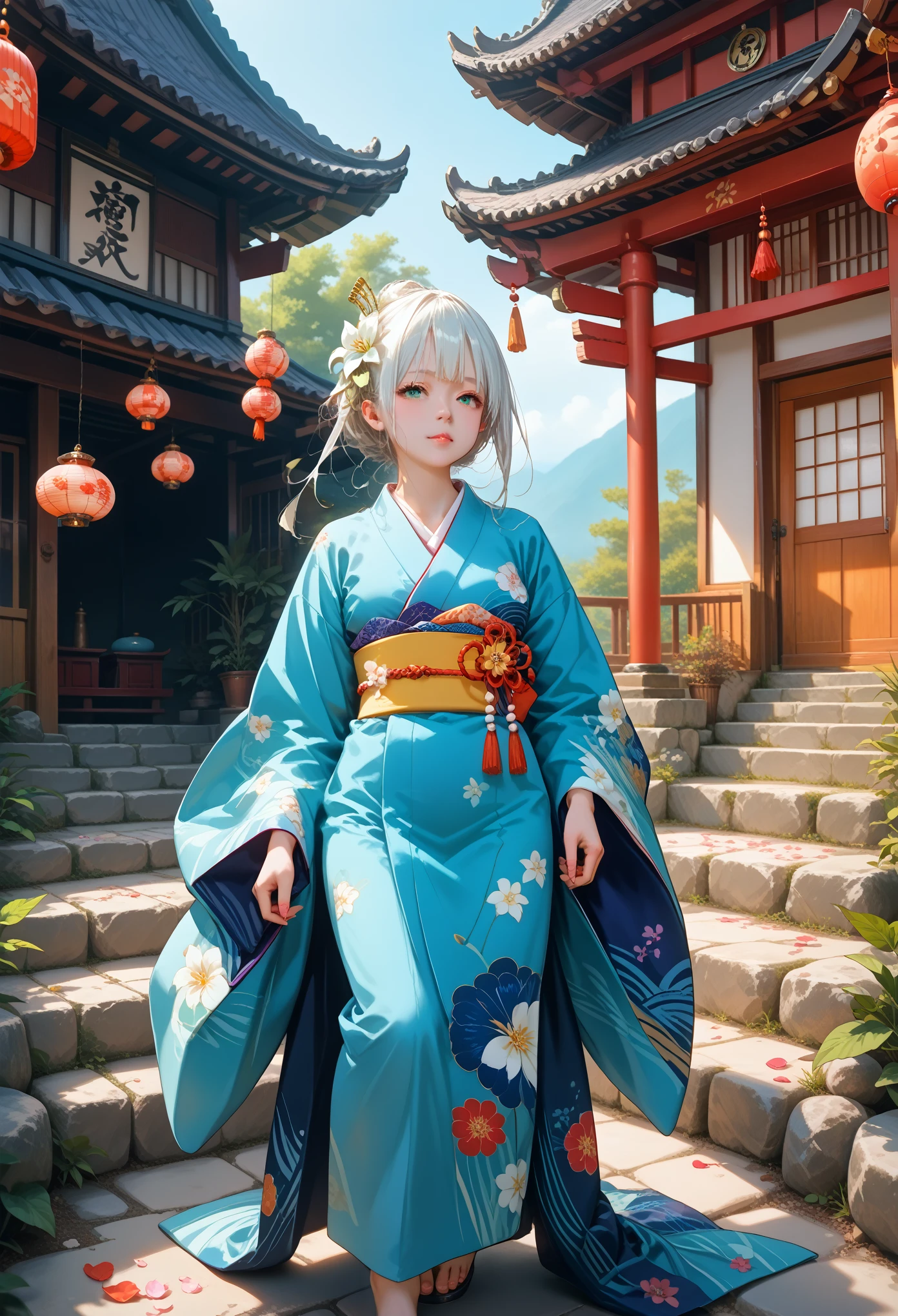 1 girl, One, above, (White lily flowers), aesthetic, difficult, Best quality, detailed background, Sayaka Myka, ((girl wearing a patterned teal kimono:1.2)), (Walking in a Zen Garden), everyday pose, detailed textures, posing, fЛораl print, hair flower, hair ornament, japanese clothing, kimono, heart, on open air, pagoda, petals, (teal kimono), sash, shrine, sky, stone staircase, tory, wide sleeves, Yukata Masterpiece, Shine, score_9, score_8_up, score_7_up, best quapoty, highres, source_アニメ