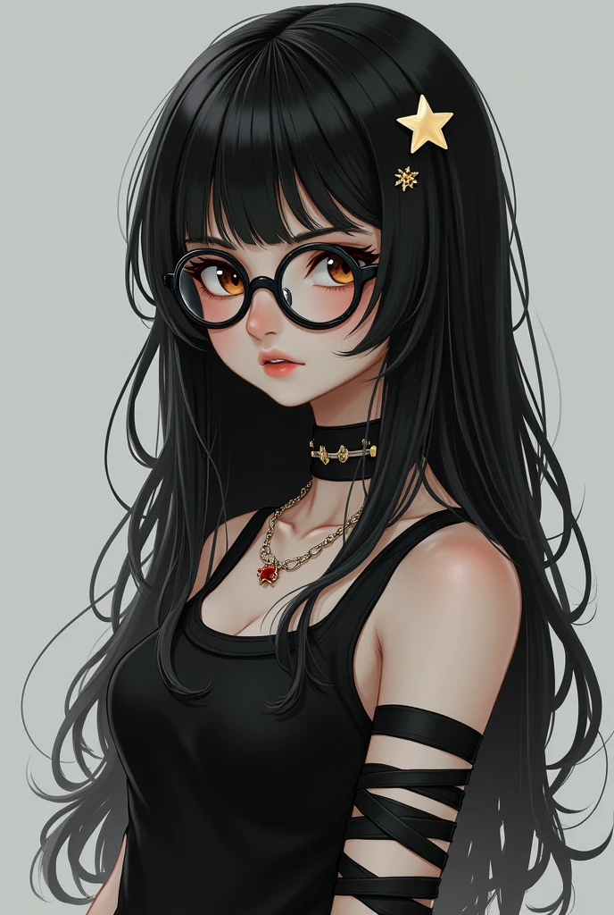 (forgery-v3.0)girl with black hair with bangs wolfcut cut with a star clip brown eyes strong black round glasses full body and with bandages on the arms