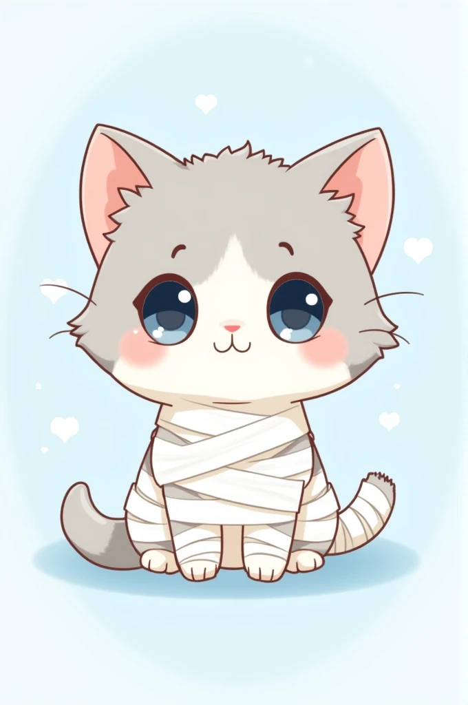 Draw a cute, chibi-style kitten similar to the style of Sanrio characters. The kitten should be wrapped in bandages resembling Osamu Dazai from Bungou Stray Dogs. The kitten has large, round eyes, soft, fluffy fur, and a small, sweet smile. The bandages should be mostly white, covering parts of its face, body, and paws, leaving the rest of its fur visible. The overall color theme should be pastel, with soft blues and light grays dominating the image. Make sure the kitten looks both adorable and slightly mischievous, with a gentle glow around it.