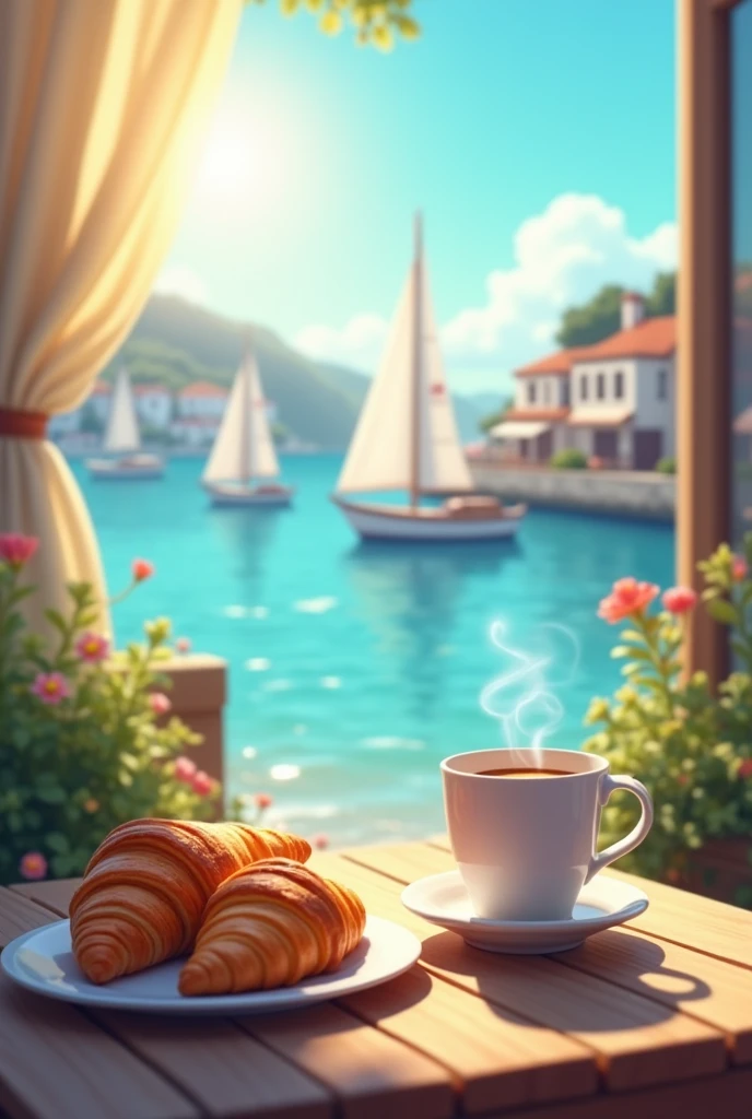 The image shows a beautiful view of a harbor with several sailboats in the background. The sky is blue and the sun is shining brightly, creating a warm glow over the scene. In the foreground, there is a wooden table with a white plate and a cup of coffee on it. On the plate, there are two croissants, one with a golden brown crust and the other with a light brown color. The coffee is steaming, indicating that it is freshly brewed. The overall mood of the image is peaceful and serene.