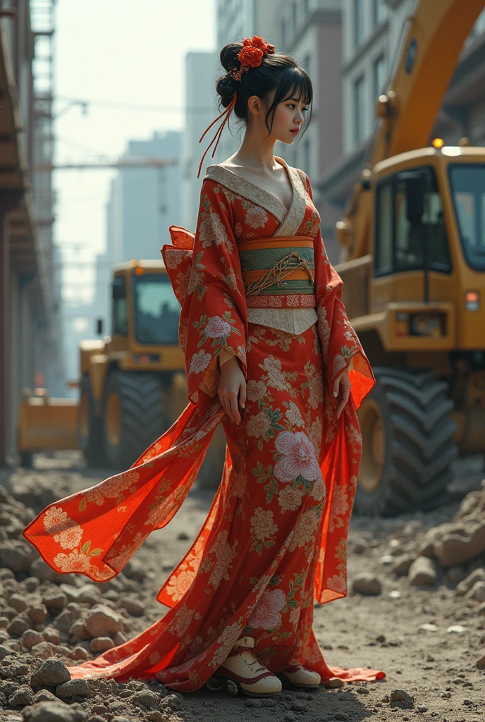 A woman in kimono、Construction worker、A woman in a kimono lifting a power shovel、Roller skates on one foot、One breast