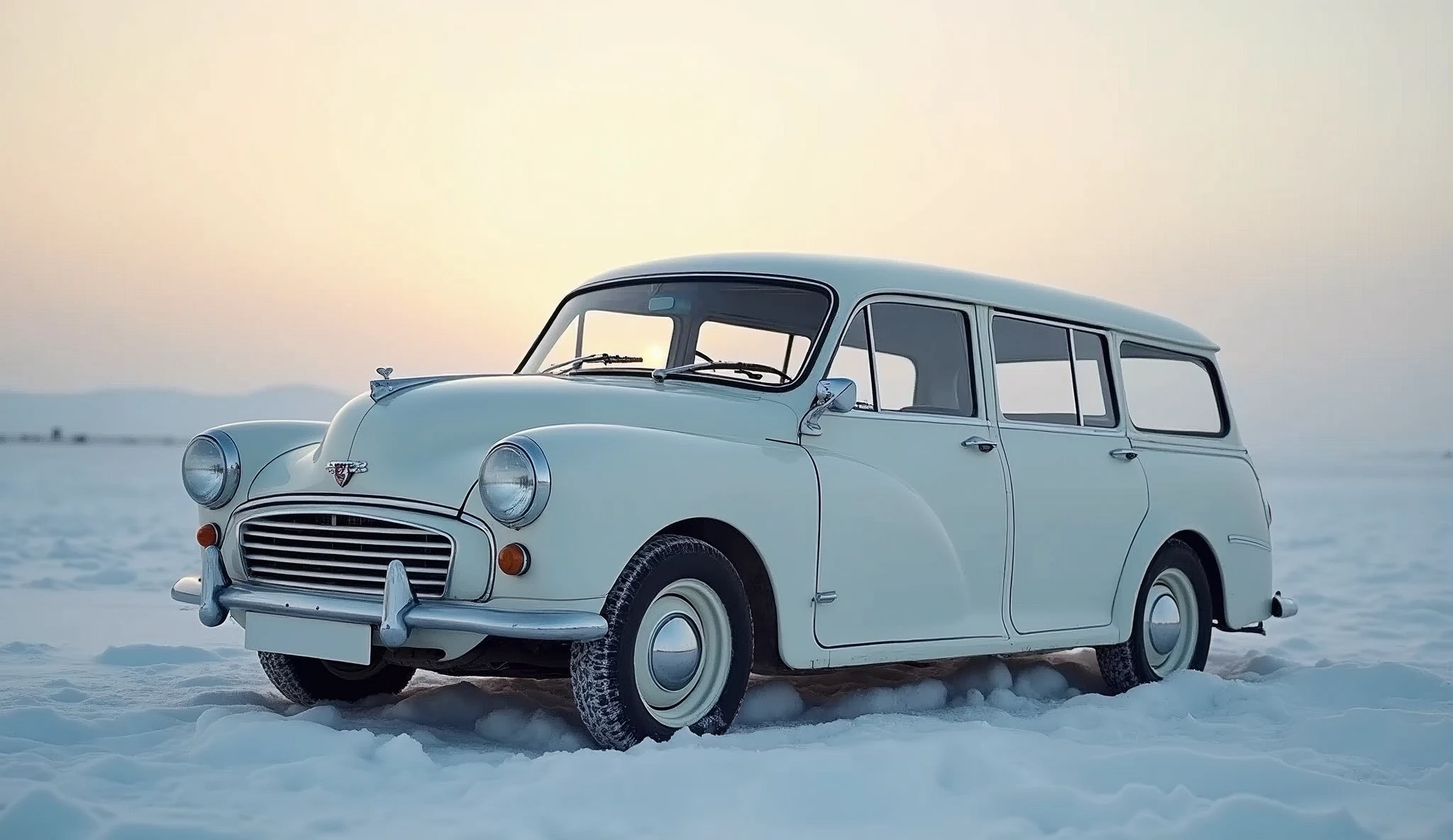 A white , Morris Garages station wagon , Low-lying body, early morning,deserts,snowy days,full body shot,stop on the ground,Hasselblad,Soft illumination,Jonathan Ive, 4K, UHD, high details, best quality, award winning