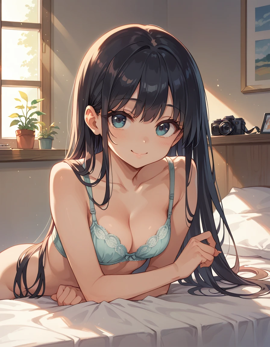Girl,cute,cute,whole body,smile,Straight Hair,Long Hair,Black Hair,Sit on the bed,morning,Sun light,Leaning forward, Bedroom,Bra Top,looking at the camera