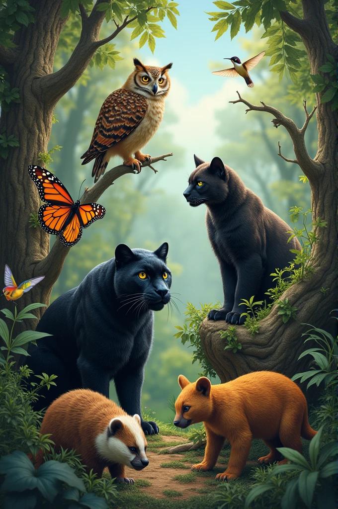 An owl, a black panther, a monarch butterfly, a hummingbird and a badger