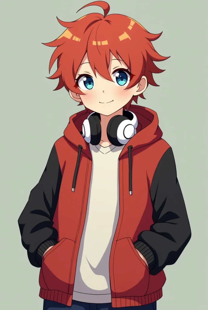 reddish brown haired boy。Her short hair with outward curls is bouncing.。Smiling with droopy blue eyes。Wearing an oversized hoodie and headphones。The background is simple。The hoodie is mainly red with black on the arms and hood.。The parka is a jacket type.、Open。A simple, blank, greyish greenTWearing a shirt。Anime style with a gentle touch。Male。