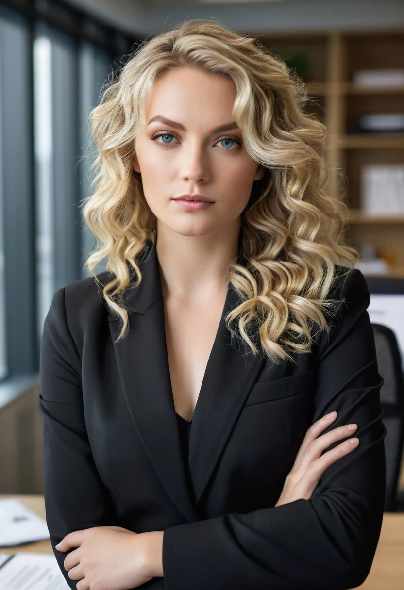 Create a realistic image of a woman with striking eyes, fair skin, and blonde wavy hair, wearing a black pantsuit. She is in a modern office with natural light highlighting her confident expression.