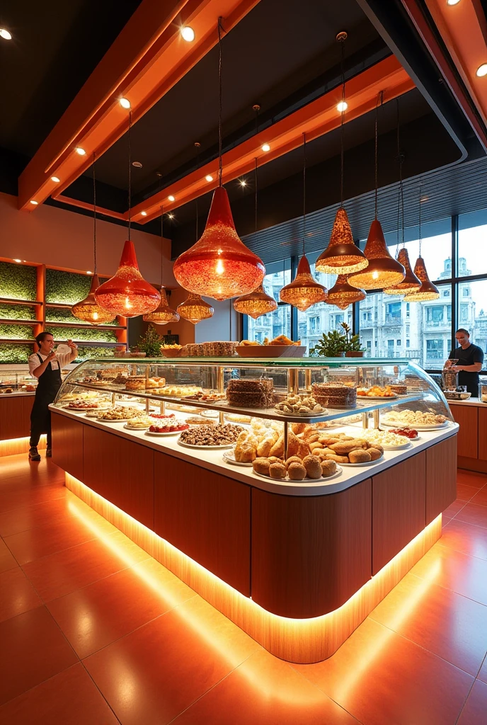Restaurant design, island bar with food displays, bright theme