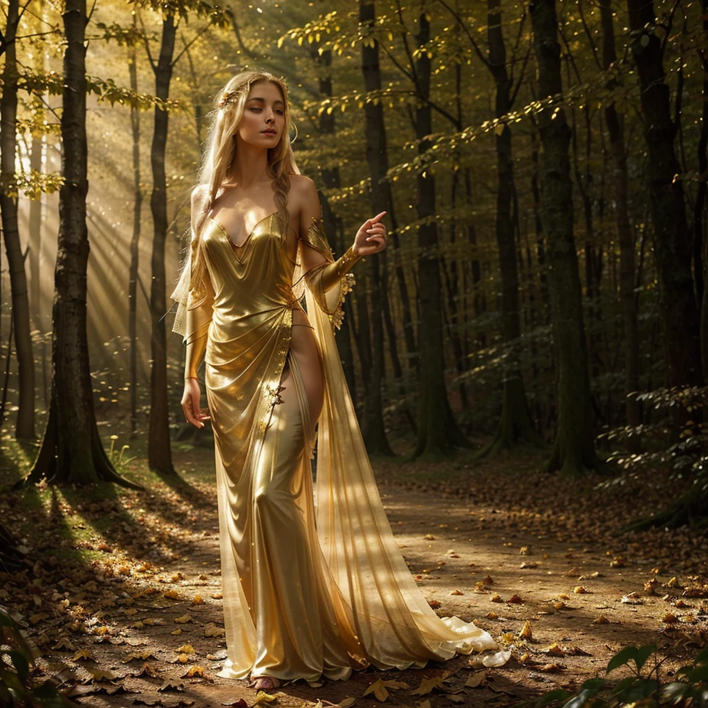 Create an ethereal scene of an elven woman standing gracefully in a mystical forest. She has long, flowing blonde hair adorned with delicate golden accessories that resemble leaves. She is dressed in a translucent, flowing gown with golden leaf-shaped shoulder armor. The forest is softly lit by the golden rays of sunlight filtering through the trees, creating a warm and magical atmosphere. Golden leaves gently float around her, enhancing the otherworldly and serene mood of the scene.