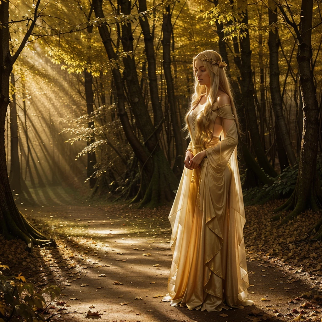 Create an ethereal scene of an elven woman standing gracefully in a mystical forest. She has long, flowing blonde hair adorned with delicate golden accessories that resemble leaves. She is dressed in a translucent, flowing gown with golden leaf-shaped shoulder armor. The forest is softly lit by the golden rays of sunlight filtering through the trees, creating a warm and magical atmosphere. Golden leaves gently float around her, enhancing the otherworldly and serene mood of the scene.