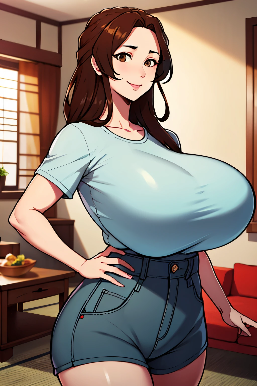 (超High resolution,4K,Very detailed, photograph, 8k, High resolution, High resolution, Absurd:1.2),35-year-old Japanese woman,expensive,Beautiful character design,Beautifully detailed eye depiction,Perfect Face,Expressive eyes,Brown eyes,smile,White T-shirt,hot pants,(Huge breasts:1.2),Tight waist,In the living room,Daytime,Are standing