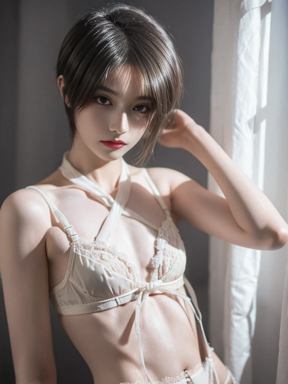 realistic young boy, femboy, skinny, whitish, with lingerie