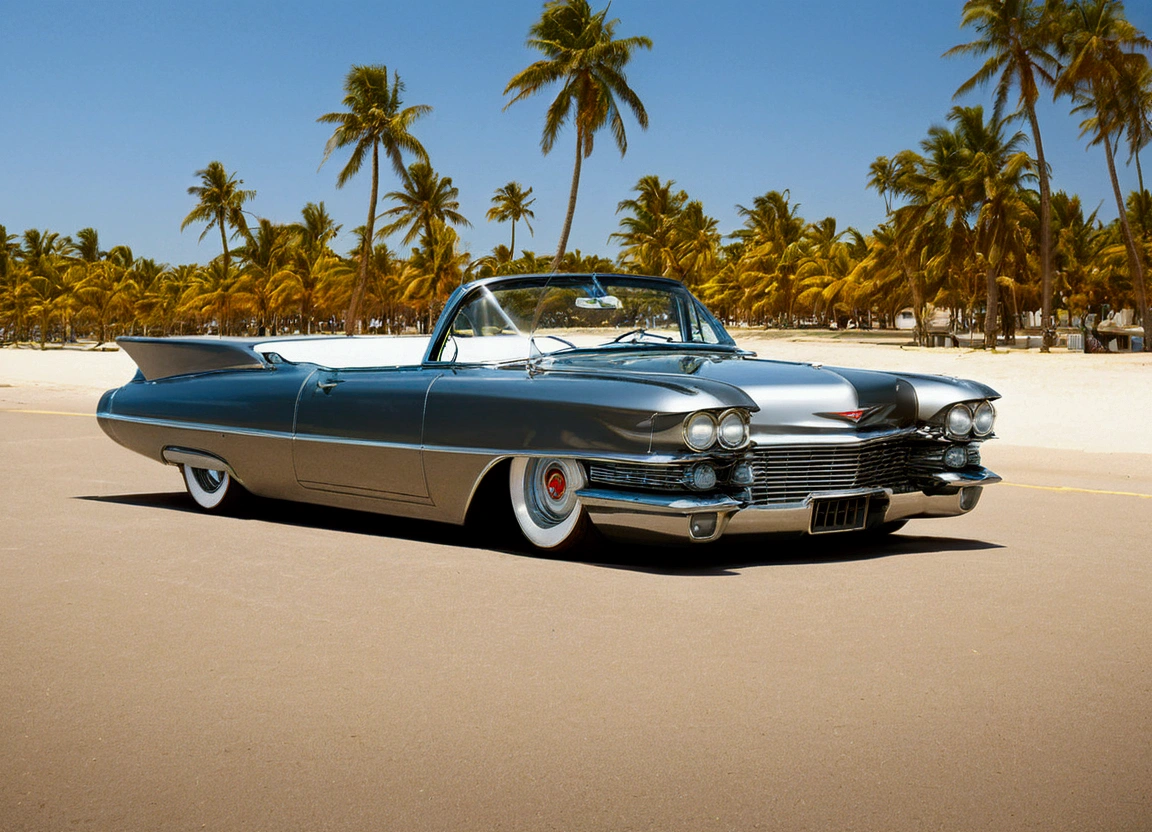DIAGONAL and distant CAMERA, full image of A beautiful 18 year old girl driving inside a 1959 Cadillac Eldorado Biarritz convertible hot rod, futuristic style, rounded corners, SILVER COLOR MIRRORED METALLIC reflective, METALLIC MIRROR SILVER COLOR, EXTREMELY POLISHED AND MIRRORED PAINTING, PAINTING reflects bright sunlight, Hot rod style , film style stalone cobra, the painting reflects the sunlight, reflection of light shine on painting, has a THICK AND WIDE wheel in the color GOLD star, has GOLD star color wheel, thick and ridiculously wide and turned sports wheels, GOLDEN AND POLISHED WHEELS, It has gold wheels, ridiculously lowered front suspension, IN A PARKING LOT IN FRONT OF A BEACH WITH COCONUT TREES AND BEAUTIFUL BLUE AND CRYSTAL CLEAR WATER, image in diagonal pose, ​masterpiece, whole image
