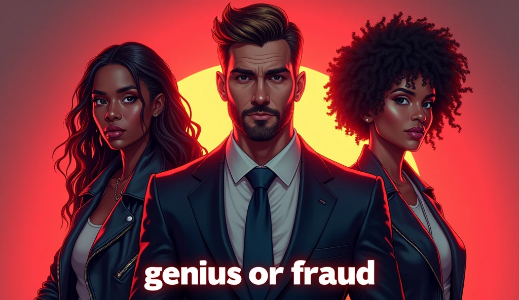 Create an image featuring three individuals standing side by side, each with a distinct and stylish appearance. The central figure is a man with a well-groomed beard and short hair, wearing a formal suit and exuding confidence. On his left, there is a woman with a striking look, characterized by her dreadlocks and intense gaze, wearing a casual yet edgy outfit. On his right, there is another woman with voluminous hair and a subtle smile, dressed in a modern and fashionable attire. The background has a dynamic, vibrant red glow, adding a sense of energy and drama. Below them, in bold and attention-grabbing letters, is the title "genius or fraud." The overall composition should convey a sense of authority, clarity, and modern style.

