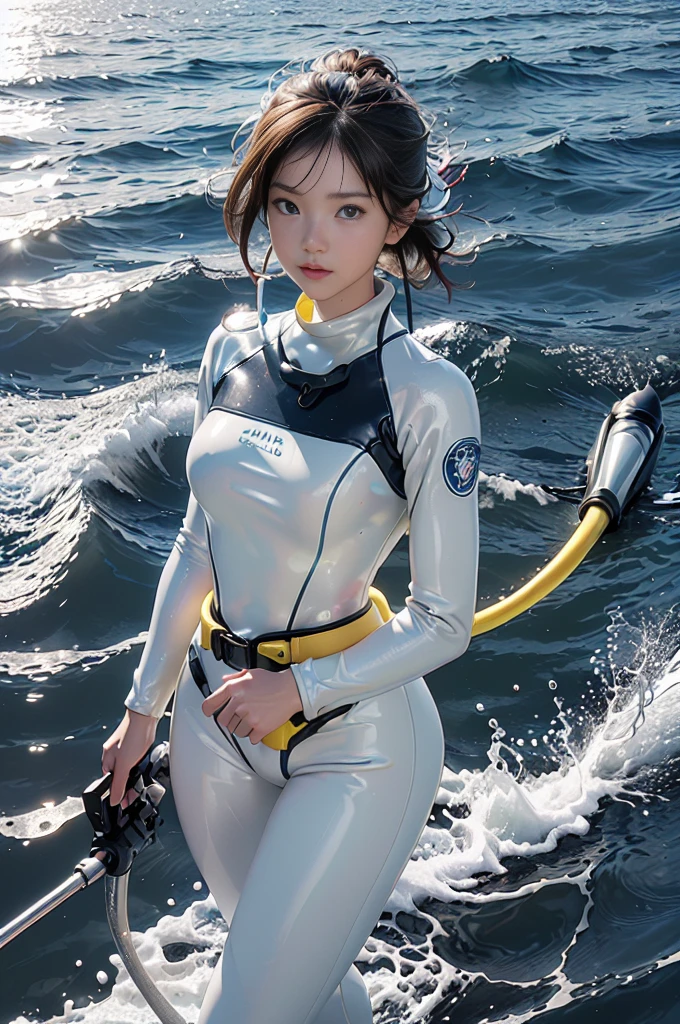 (Photorealsitic, hight resolution, Live-action images、natural soft light:1.4)、One lady、(Best Beautiful Girl、Neat face、Big eyes and high nose、thin chin、Impersonation face、short-cut), （Outstanding style、round breast、long legged）、((Rescue Team Uniforms、Uniform made of wetsuit material based on white and yellow、Abundant equipment, Equipped with diving goggles on the head、snorkel、Harnes、a belt、Draw accurately down to the smallest detail))、Rin々Shishi、Cool pose、On a patrol boat at sea、helicopter、output、preparation、Her toned abs stand out when she wears a white and yellow wetsuit