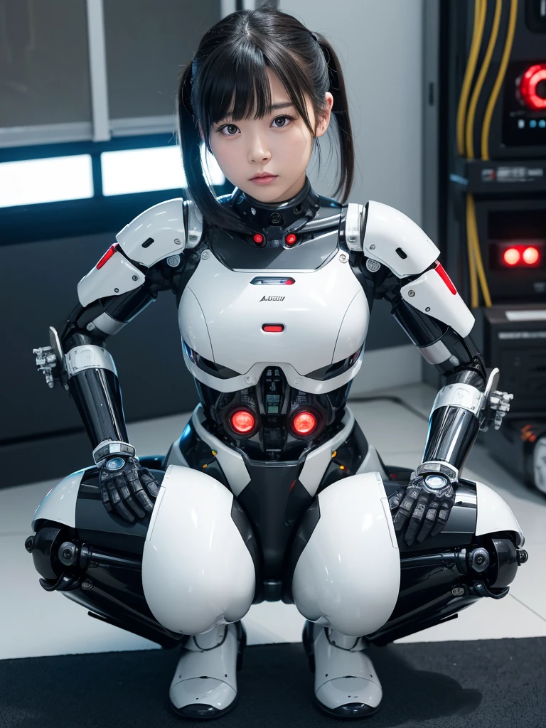 masterpiece, Highest quality, Very detailed, Japaese アンDroid girl,Portraiture,Plump,Thick,Control panel,アンDroid,Droid,Mechanical Hand, robotの腕と脚, Black Hair,Blunt bangs,perfect robot girl,Long tube,A thick cable was attached to her neck.,アンDroid,robot,humanoid,cyborg,japanese cyborg girl ,robot-assembly plant,She is now assembling,Assembly scene,Chubby,Squat