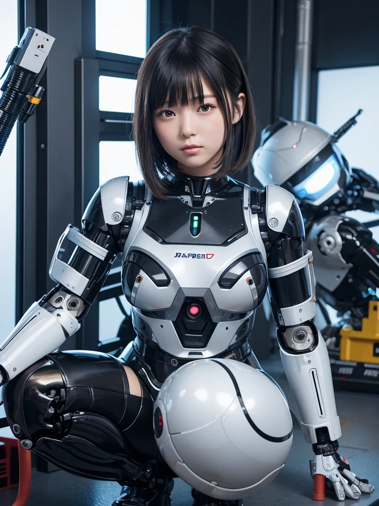masterpiece, Highest quality, Very detailed, Japaese アンDroid girl,Portraiture,Plump,Thick,Control panel,アンDroid,Droid,Mechanical Hand, robotの腕と脚, Black Hair,Blunt bangs,perfect robot girl,Long tube,A thick cable was attached to her neck.,アンDroid,robot,humanoid,cyborg,japanese cyborg girl ,robot-assembly plant,She is now assembling,Assembly scene,Chubby,Squat