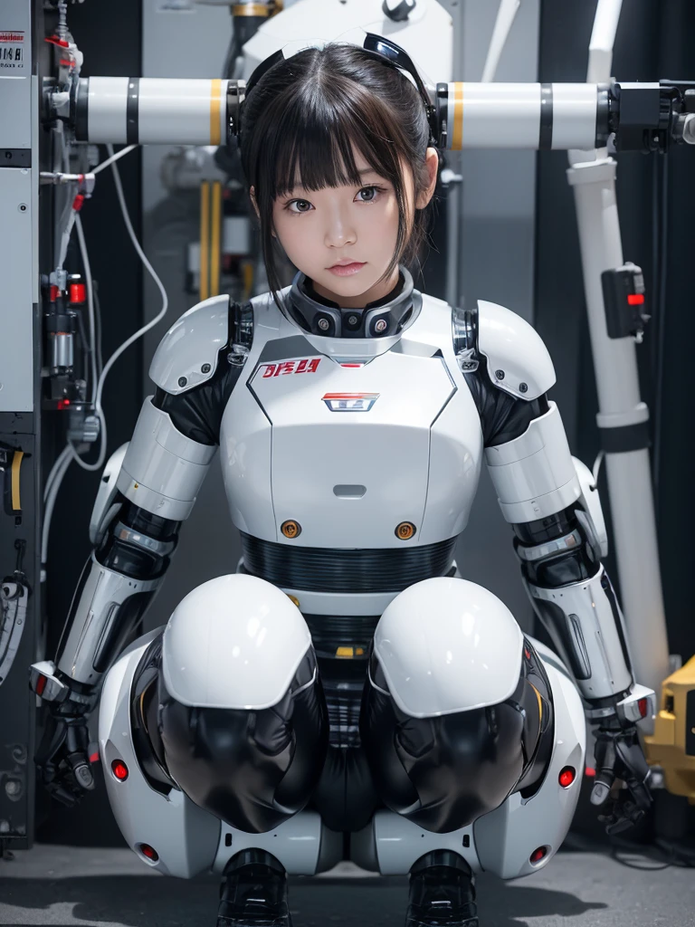 masterpiece, Highest quality, Very detailed, Japaese アンDroid girl,Portraiture,Plump,Thick,Control panel,アンDroid,Droid,Mechanical Hand, robotの腕と脚, Black Hair,Blunt bangs,perfect robot girl,Long tube,A thick cable was attached to her neck.,アンDroid,robot,humanoid,cyborg,japanese cyborg girl ,robot-assembly plant,She is now assembling,Assembly scene,Chubby,Squat