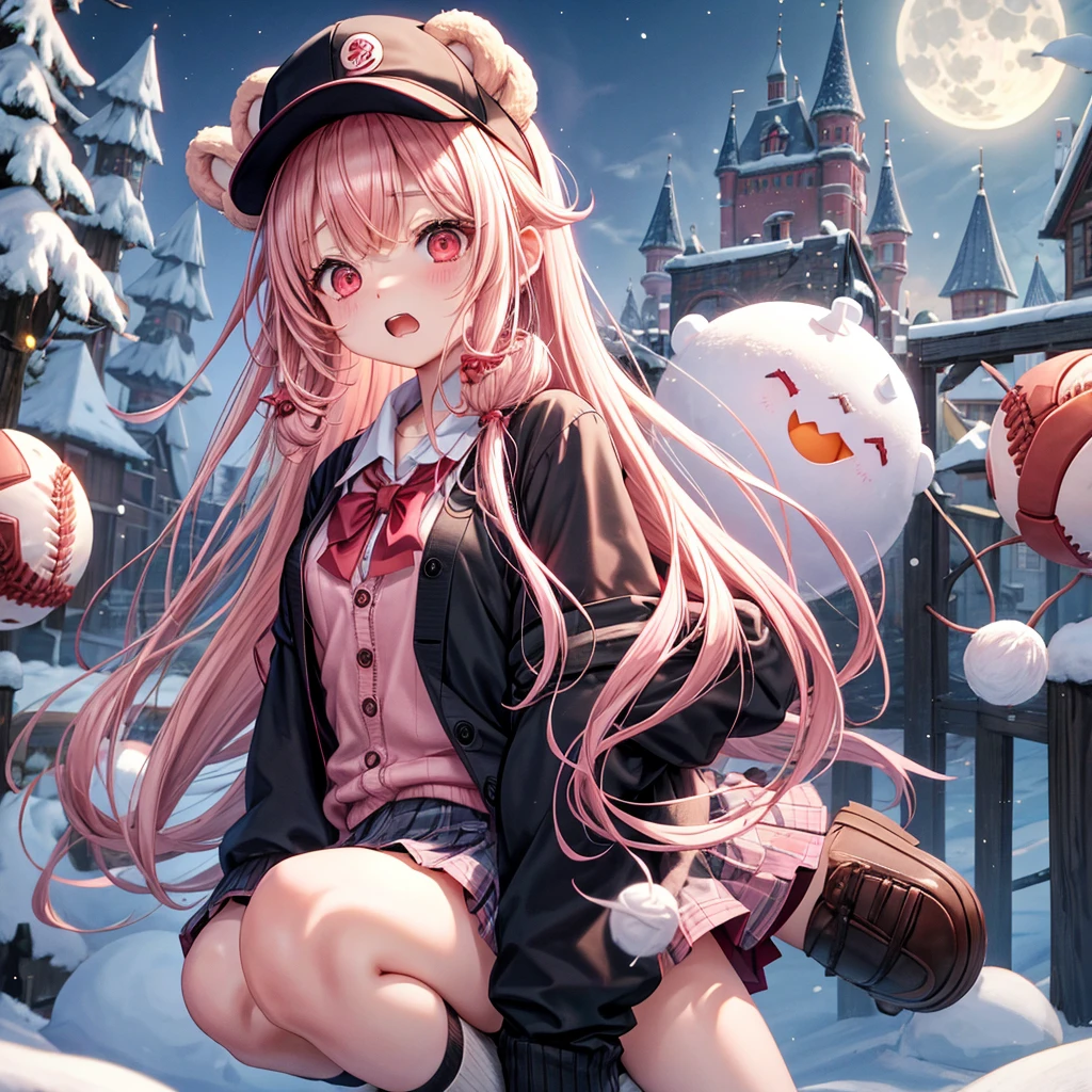 Pink Blonde、Red eyes、Hair 、Two cute、Checked mini skirt、black t-shirts、cardigan、coat、Knee-high socks、bear ears baseball cap、Burning Full Moon、The tree is dead、Snowballs are piling up、Cat Snowman、Teeth are visible、Monster Castle、Tilting face、crossing the bridge
