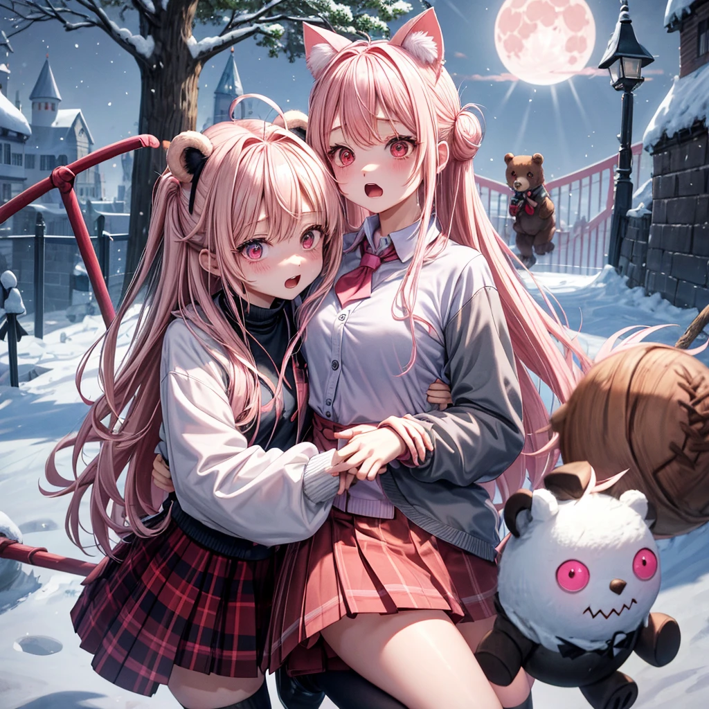 Pink Blonde、Red eyes、Hair tied up、Two cute、Checked mini skirt、black t-shirts、cardigan、coat、Knee-high socks、bear ears baseball cap、Burning Full Moon、The tree is dead、Snowballs are piling up、Cat Snowman、Teeth are visible、Monster Castle、Tilting face、crossing the bridge