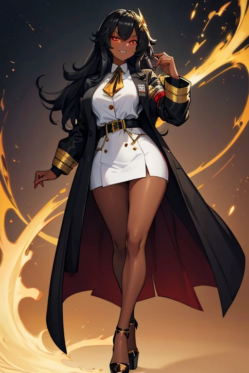 female, black messy long hair, red eyes, dark skin, (((1girl))), (((white lab coat))), (black blouse), (black knee length skirt), (black stockings), (gold heels), cute and sexy, full body, large breasts, long legs, smiling
