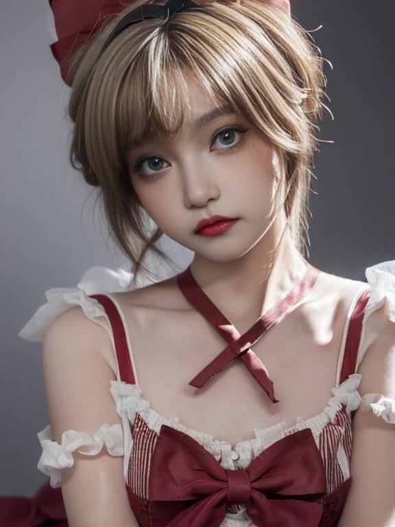 1 girl,beautifully detailed face:1.3、Closeup of face:1.6、The whole face fits in the frame.:1.6、((She has a big red bow in her hair., like a doll...:1.6))、 ((very small flat chest:1.7))、(A sheer camisole with a loose fit around the chest.:1.7), ((wait:1.6))、pink eye shadow:1.6、((looking to the camera:1.3))、Very beautiful portraits of Japanese idols., Brown hair:1.7、
(RAW Photos, of the highest quality), (realist, realist:1.4), (masterpiece),
very delicate and beautiful, Very detailed, 2k wallpaper, marvelous, finally, Very detailed CG Unity 8K 壁紙, Very detailed, High resolution, luz outfit,
Beautiful detailed girl, Very detailed目と顔, Beautiful and sophisticated nose, big and beautiful eyes, cinema lighting,
(Simple and solid background:1.3),
(medium blonde hair:1.5), (split bangs),
complete anatomy, Skinny body,very small breasts, sensual look