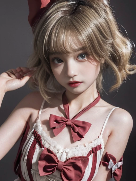 1 girl,beautifully detailed face:1.3、Closeup of face:1.6、The whole face fits in the frame.:1.6、((She has a big red bow in her hair., like a doll...:1.6))、 ((very small flat chest:1.7))、(A sheer camisole with a loose fit around the chest.:1.7), ((wait:1.6))、pink eye shadow:1.6、((looking to the camera:1.3))、Very beautiful portraits of Japanese idols., Brown hair:1.7、
(RAW Photos, of the highest quality), (realist, realist:1.4), (masterpiece), 
very delicate and beautiful, Very detailed, 2k wallpaper, marvelous, finally, Very detailed CG Unity 8K 壁紙, Very detailed, High resolution, luz outfit, 
Beautiful detailed girl, Very detailed目と顔, Beautiful and sophisticated nose, big and beautiful eyes, cinema lighting, 
(Simple and solid background:1.3),
(medium blonde hair:1.5), (split bangs), 
complete anatomy, Skinny body,very small breasts, sensual look