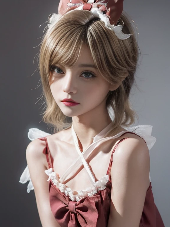 1 girl,beautifully detailed face:1.3、Closeup of face:1.6、The whole face fits in the frame.:1.6、((She has a big red bow in her hair., like a doll...:1.6))、 ((very small flat chest:1.7))、(A sheer camisole with a loose fit around the chest.:1.7), ((wait:1.6))、pink eye shadow:1.6、((looking to the camera:1.3))、Very beautiful portraits of Japanese idols., Brown hair:1.7、
(RAW Photos, of the highest quality), (realist, realist:1.4), (masterpiece), 
very delicate and beautiful, Very detailed, 2k wallpaper, marvelous, finally, Very detailed CG Unity 8K 壁紙, Very detailed, High resolution, luz outfit, 
Beautiful detailed girl, Very detailed目と顔, Beautiful and sophisticated nose, big and beautiful eyes, cinema lighting, 
(Simple and solid background:1.3),
(medium blonde hair:1.5), (split bangs), 
complete anatomy, Skinny body,very small breasts, sensual look