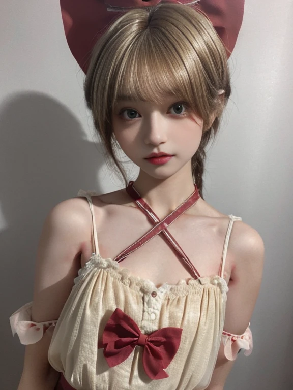 1 girl,beautifully detailed face:1.3、Closeup of face:1.6、The whole face fits in the frame.:1.6、((She has a big red bow in her hair., like a doll...:1.6))、 ((very small flat chest:1.7))、(A sheer camisole with a loose fit around the chest.:1.7), ((wait:1.6))、pink eye shadow:1.6、((looking to the camera:1.3))、Very beautiful portraits of Japanese idols., Brown hair:1.7、
(RAW Photos, of the highest quality), (realist, realist:1.4), (masterpiece), 
very delicate and beautiful, Very detailed, 2k wallpaper, marvelous, finally, Very detailed CG Unity 8K 壁紙, Very detailed, High resolution, luz outfit, 
Beautiful detailed girl, Very detailed目と顔, Beautiful and sophisticated nose, big and beautiful eyes, cinema lighting, 
(Simple and solid background:1.3),
(medium blonde hair:1.5), (split bangs), 
complete anatomy, Skinny body,very small breasts, sensual look