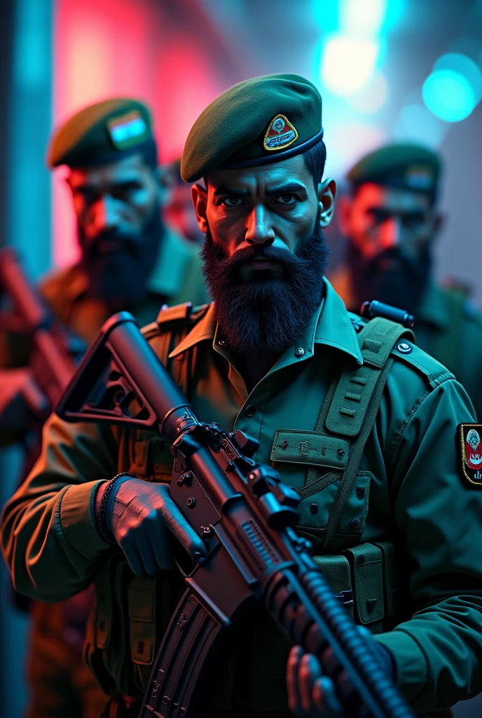 Indian army muslim beard  soldiers with indian tricolor badges on islamic cap dress 
With high end ai guns eauipment 
Indian flag badges on dress cap
Face like asaduddin owaisi
Muslim soldiers
Hdr
Neon