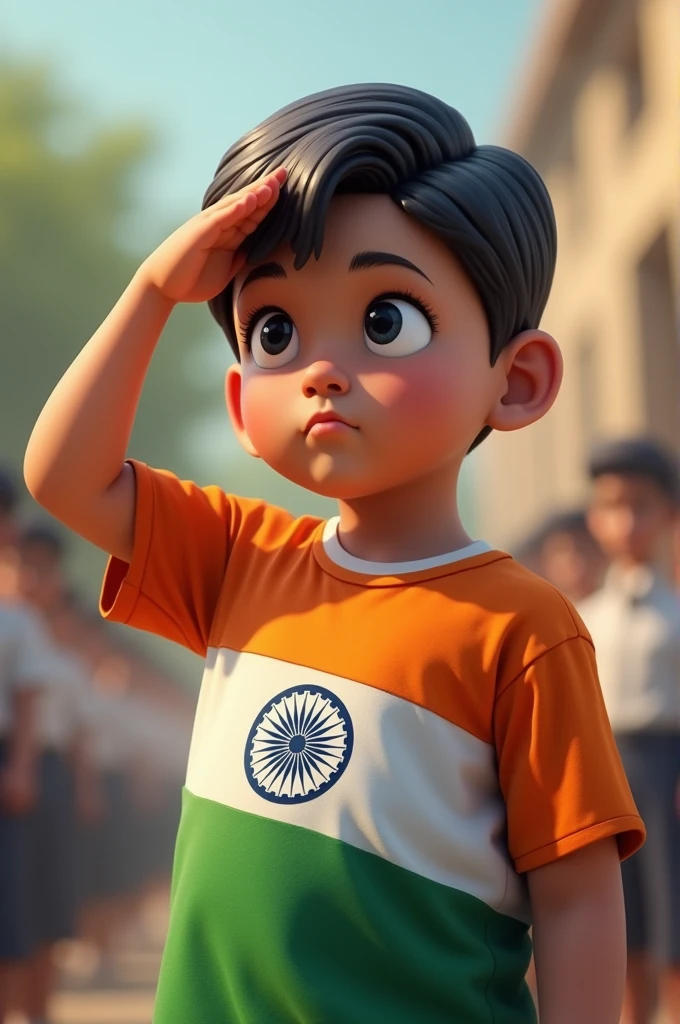 A boy is saluting, look behind, he is wearing an Indian flag T-shirt
