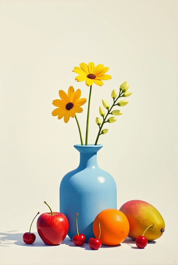 Simple blue vase with shadows with 2 simple yellow flowers, 1 red apple, 2 cherries, 1 mango and 1 orange painted in oil