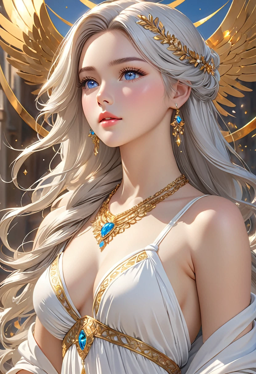 ((best quality)), ((artwork)), ((extremely detailed face)), ((perfect lighting)), ((extremely detailed CG)), ((perfect hands, perfect anatomy)), Sex/Gender= Female
Aliases= Dawnstar, Your Grace, Princess
Age= 20
Pronouns= Her/She
((Hair= Pure White, quite long, abundant))
((Eyes= Jewel Silver))
Features= Lean, curvy, ((ligh skin)) , younger , exceedingly beautiful, delicate features, full lips
Height= 5'5"
Clothing= Long sleeveless white dress greek style, wide gold necklace around her body to the waist.]