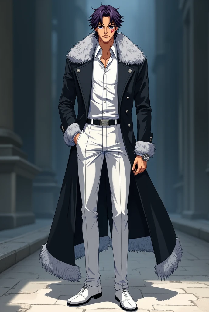 Anime.

21-year-old male, standing at around 1,85cm with a muscular build, tanned skin, short wavy dark purple hair, black eyes, and a prominent scar running from his left eye down his lips and chin. He's dressed in a white collared shirt with a matching tie, a dark coat that has grey fur on his shoulders, white formal pants, and white shoes, with a silver watch on his left wrist.

Quincies from the Bleach Manga as reference.