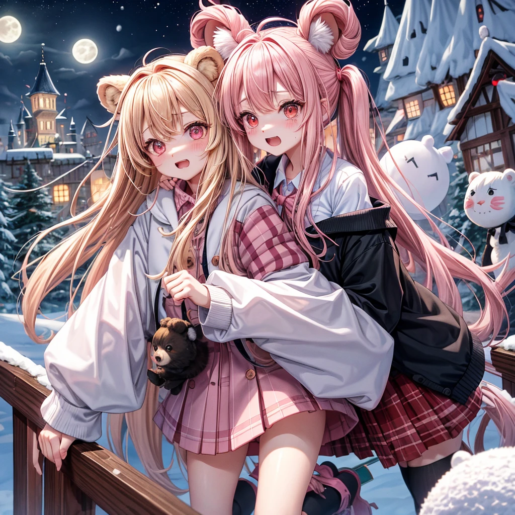 Pink Blonde、Red eyes、Hair tied up、Two cute、Checked mini skirt、black t-shirts、cardigan、coat、Knee-high socks、bear ears baseball cap、Burning Full Moon、The tree is dead、Snowballs are piling up、Cat Snowman、Teeth are visible、Monster Castle、Tilting face、crossing the bridge
