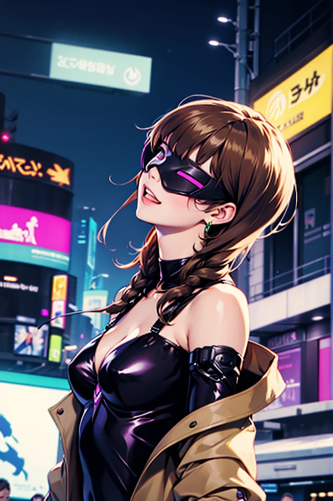 1girl, FELute, eyes covered, brainWM, profile shot, ((tilting head backwards)), facing viewer, shaft head tilt, from side, masterpiece, highest quality, (solo focus), (perfect face:1.1), (high detail:1.1), 1girl, ((brown hair)), golden hair rings, neon halo, open mouth, grin, ((futuristic clothes)), black catsuit, (long beige coat), coat off shoulders, detailed background, neon cityscape, cyberpunk, cinematic lighting