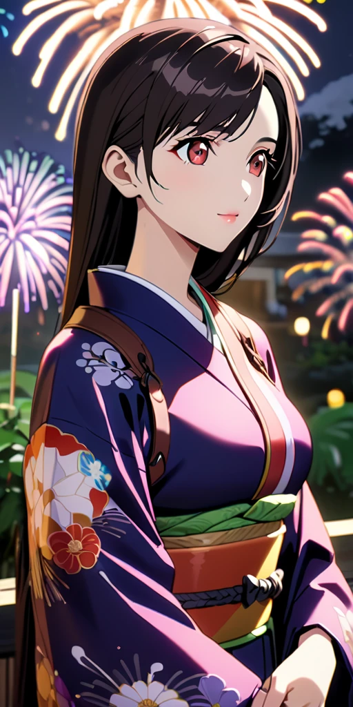 (((((tifa lockhart:1.5))))),((Highest quality、masterpiece、anime style、best quality、high resolution、8k、detailed、ultra-detailed:1.3))、Long legs:1.2, Beautiful woman with perfect figure:1.4、(Smiling:1.2), double eyelid、30-year-old female、((((One Woman,beautiful face,Beautiful face:1.5)))),Big Breasts、High resolution, accurate, Anatomically correct, High-resolution model, high quality, Very detailed, Ultra high definition、Black Hair、Straight Hair、Long Hair、(((long kimono、Vivid Kimono、Beautiful kimono、night,fireworks:1.5)))
