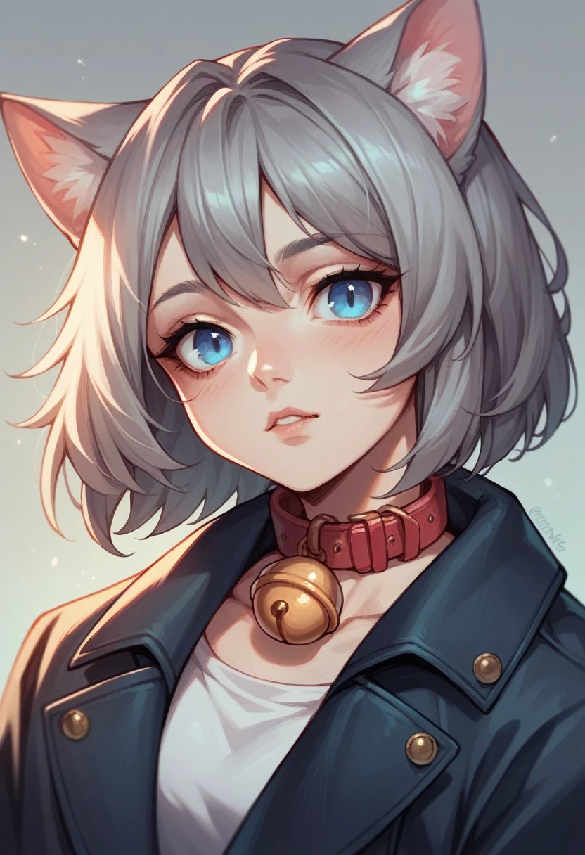 1woman, close-up, cat collar with bell, cat ears, beautiful, coat, gray hair, pale blue eyes
