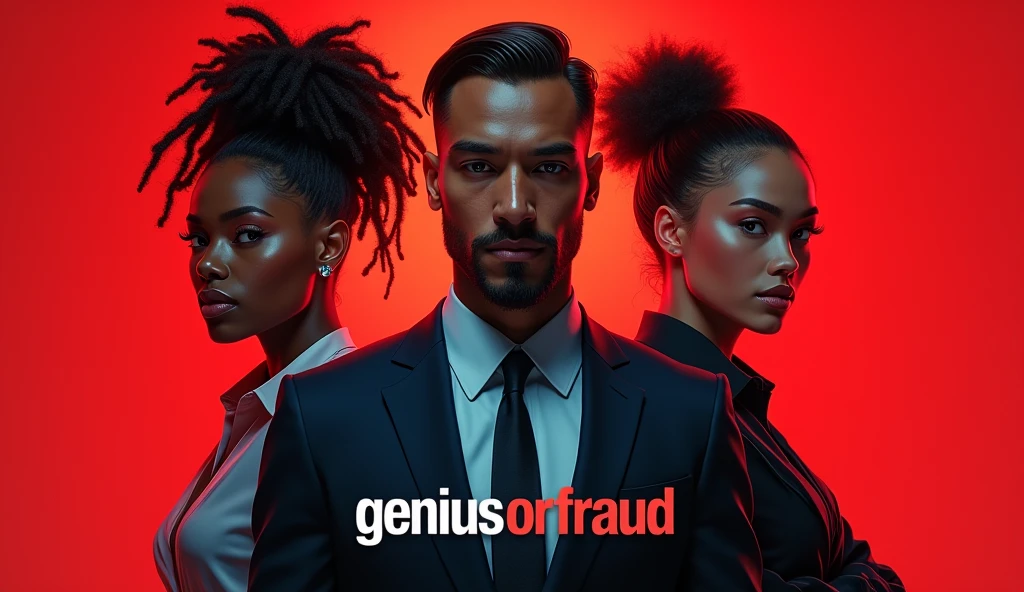 Create an image featuring three individuals standing side by side, each with a distinct and stylish appearance. The central figure is a man with a well-groomed beard and short hair, wearing a formal suit and exuding confidence. On his left, there is a woman with a striking look, characterized by her dreadlocks and intense gaze, wearing a casual yet edgy outfit. On his right, there is another woman with voluminous hair and a subtle smile, dressed in a modern and fashionable attire. The background has a dynamic, vibrant red glow, adding a sense of energy and drama. Below them, in bold and attention-grabbing letters, is the title "genius or fraud." The overall composition should convey a sense of authority, clarity, and modern style.


