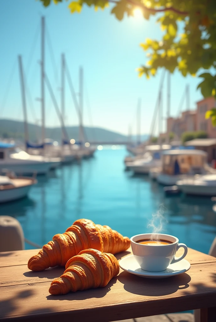 The image shows a beautiful view of a harbor with several sailboats in the background. The sky is blue and the sun is shining brightly, creating a warm glow over the scene. In the foreground, there is a wooden table with a white plate and a cup of coffee on it. On the plate, there are two croissants, one with a golden brown crust and the other with a light brown color. The coffee is steaming, indicating that it is freshly brewed. The overall mood of the image is peaceful and serene.