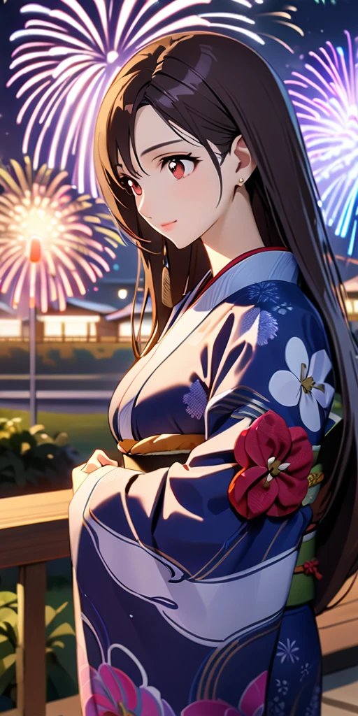 (((((tifa lockhart:1.5))))),((Highest quality、masterpiece、anime style、best quality、high resolution、8k、detailed、ultra-detailed:1.3))、Long legs:1.2, Beautiful woman with perfect figure:1.4、(Smiling:1.2), double eyelid、30-year-old female、((((One Woman,beautiful face,Beautiful face:1.5)))),Big Breasts、High resolution, accurate, Anatomically correct, High-resolution model, high quality, Very detailed, Ultra high definition、Black Hair、Straight Hair、Long Hair、(((long kimono、Vivid Kimono、Beautiful kimono、night,fireworks:1.5)))
